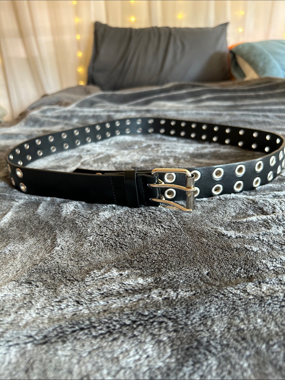 Black Double-Row Grommet Leather Belt LARGE